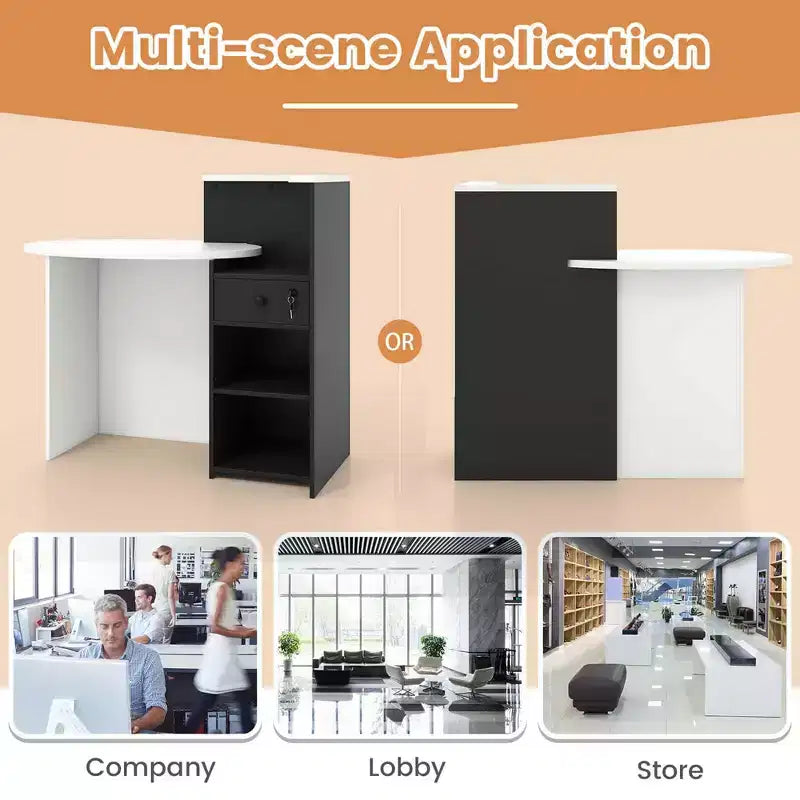 Costway Front Reception Counter Desk Checkout Office Desk with Open Shelf & Lockable Drawer White/Brown/Black