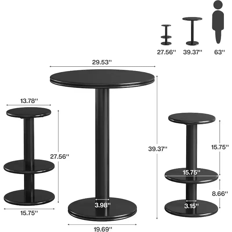 Lantine 39.4-Inch H Round Bar Table Set, Modern Black Bistro Pub Table with 2 Barstools for Kitchen, Living Room, Apartment