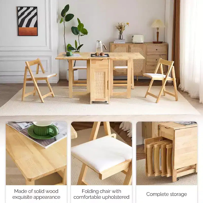 VINGLI Folding Dining Table Set, Extendable Drop Leaf Solid Wood Table with 4 Chairs,rawers & Wheels, Space-Saving for Kitchen