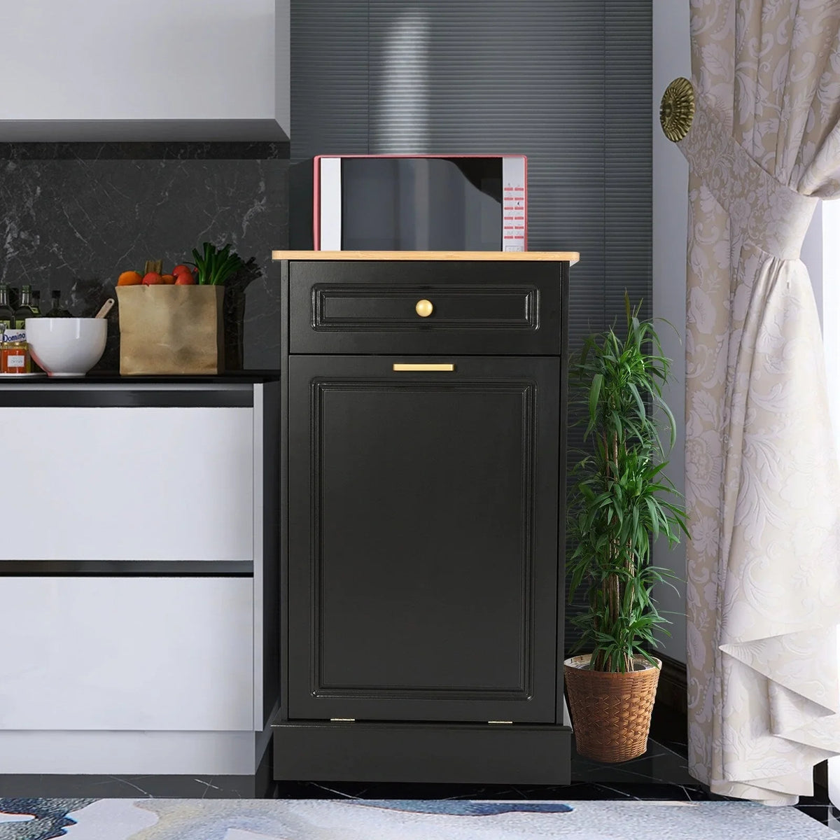 Kitchen Tilt Out Trash Cabinet Can Bin Storage Wooden Counter-top Waste Baskets with Drawer