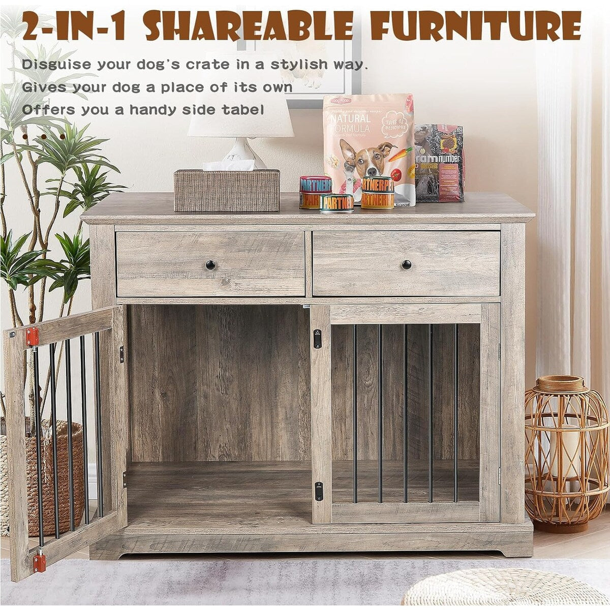 BOSSIN 44 Inch Large Dog Crate Furniture, Wooden Dog Kennel End Table with Storage Drawers, Decorative Pet Crates Dog House