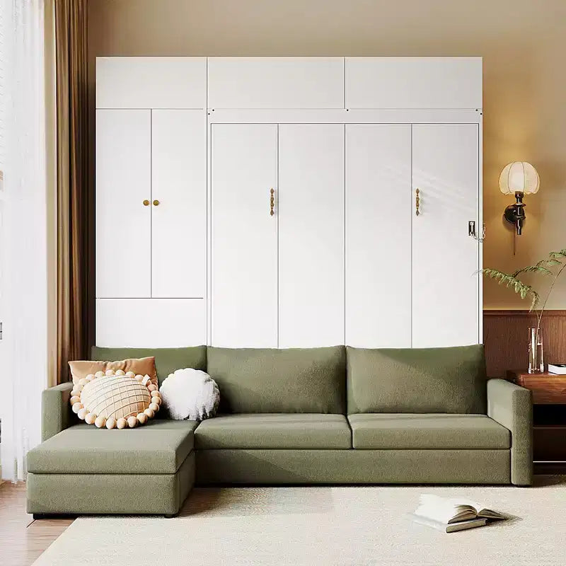 Queen Size Murphy Bed with Sofa and Cabinet, Wooden Queen Cabinet Bed Wall Bed with Shelves, Folding Wall Chest Bed for Guest Room Office