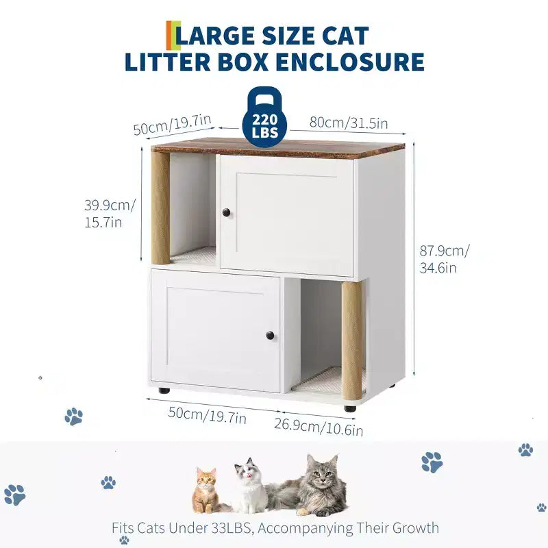 Litter Box Enclosure with Double Room, Hidden Enclosed Litterbox Furniture with Scratch Posts and Double-Layer Litter Mats Indoor Pet House