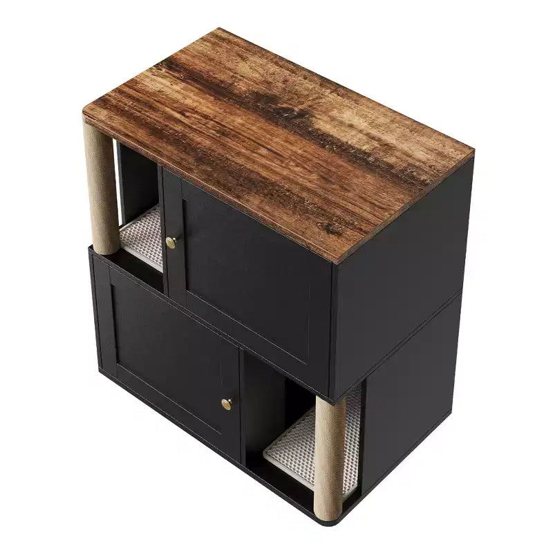 Litter Box Enclosure with Double Room, Hidden Enclosed Litterbox Furniture with Scratch Posts and Double-Layer Litter Mats Indoor Pet House