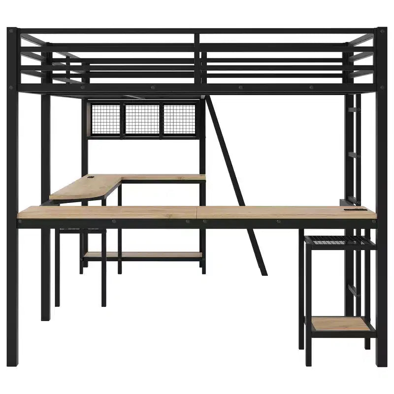 Twin Metal L-Shaped Loft Bed with Storage Shelves, 2 Built-in Desks - Black