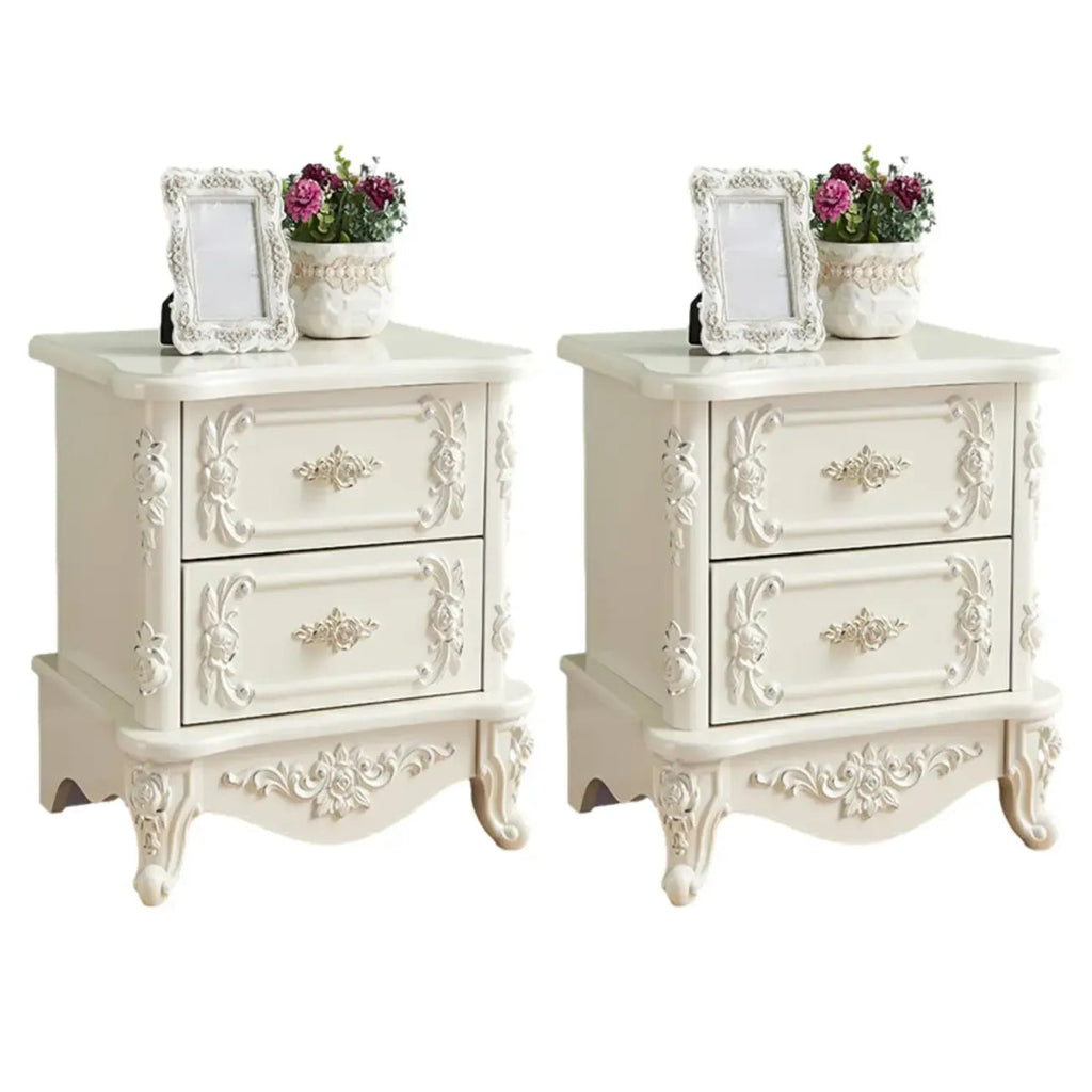 Traditional White Wood Carved 3-Drawer Nightstand