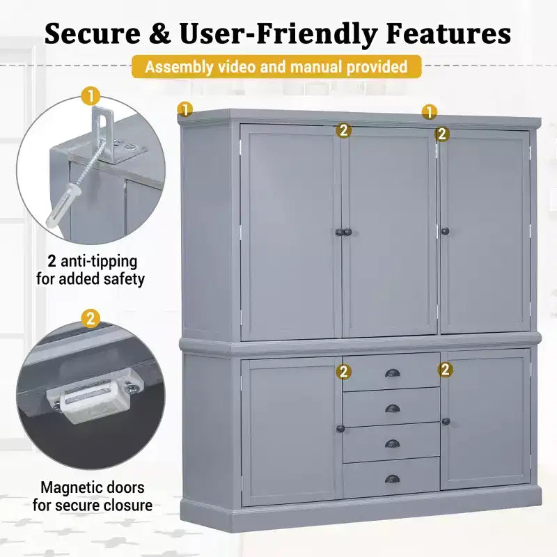 Whisen 73 Freestanding Wooden Kitchen Pantry Cabinet with Drawers and Adjustable Shelves for Storage and Organization in Dining Room or Kitchen