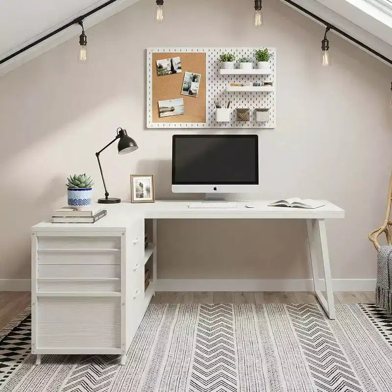 Reversible L-Shaped Desk with 3 Drawers & Open Shelves - Rustic Home Office