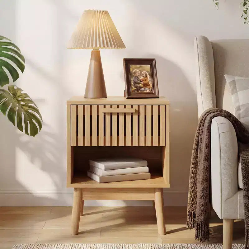 Set of 2 Boho Nightstands w/ Striped Drawer and Open Shelf, Compact Wood Bedside End Table, Small Space Side Table for Bedroom and Living Room