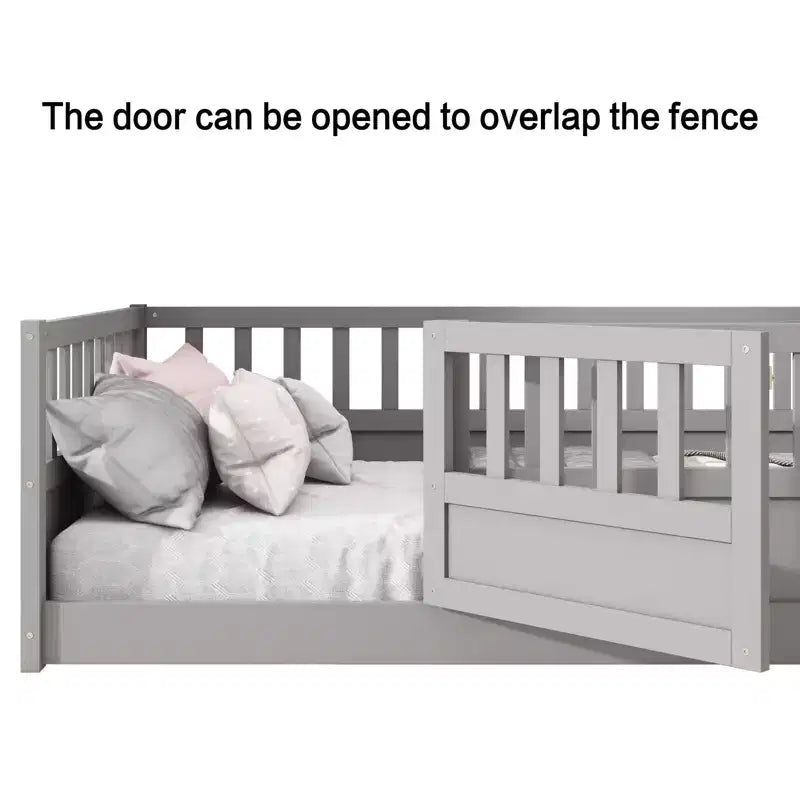 Full Floor Bed Frame with Extra-Tall Safety Rails and Entry Door, Gray
