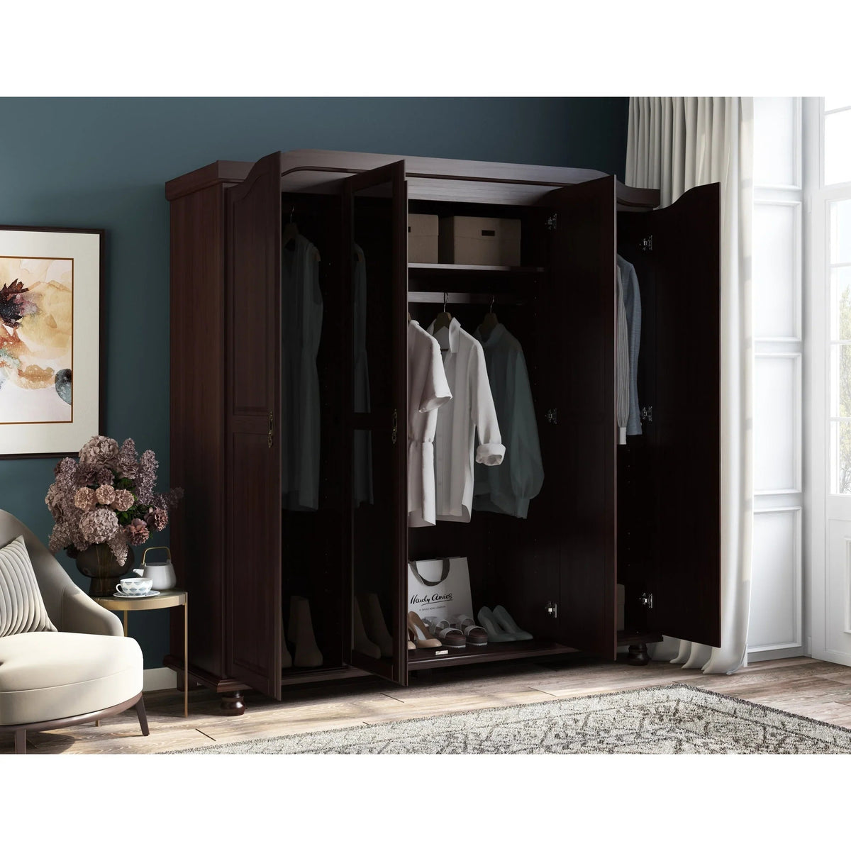 Palace Imports 100% Solid Wood Kyle 4-Door Wardrobe Armoire with Solid Wood or Mirrored Doors