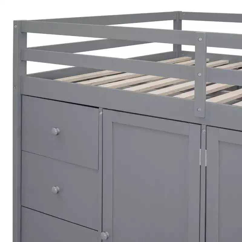 Teddy Fleece Full Size Loft Bed with Storage Shelf and Drawers, Wooden High Loft Bed with Versatile Desk for Bedroom