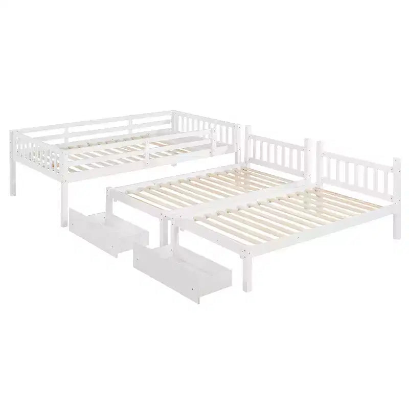 Full Over Twin & Twin Bunk Bed for 3, Wooden Triple Bunk Bed with 2 Storage Drawers, can be Divided into 3 Separate Beds
