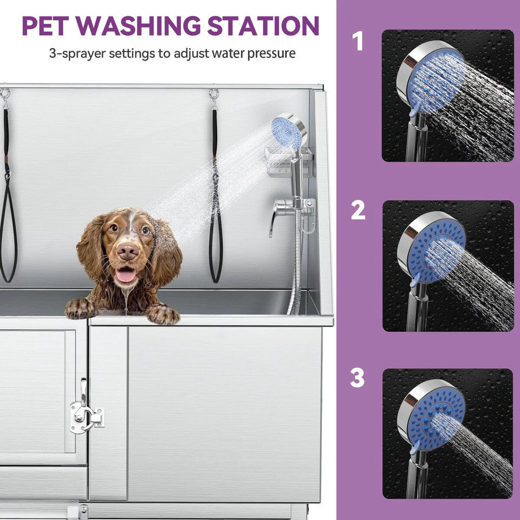 50 W Stainless Steel Adjustable Pet Grooming Tub with Steps Ramp