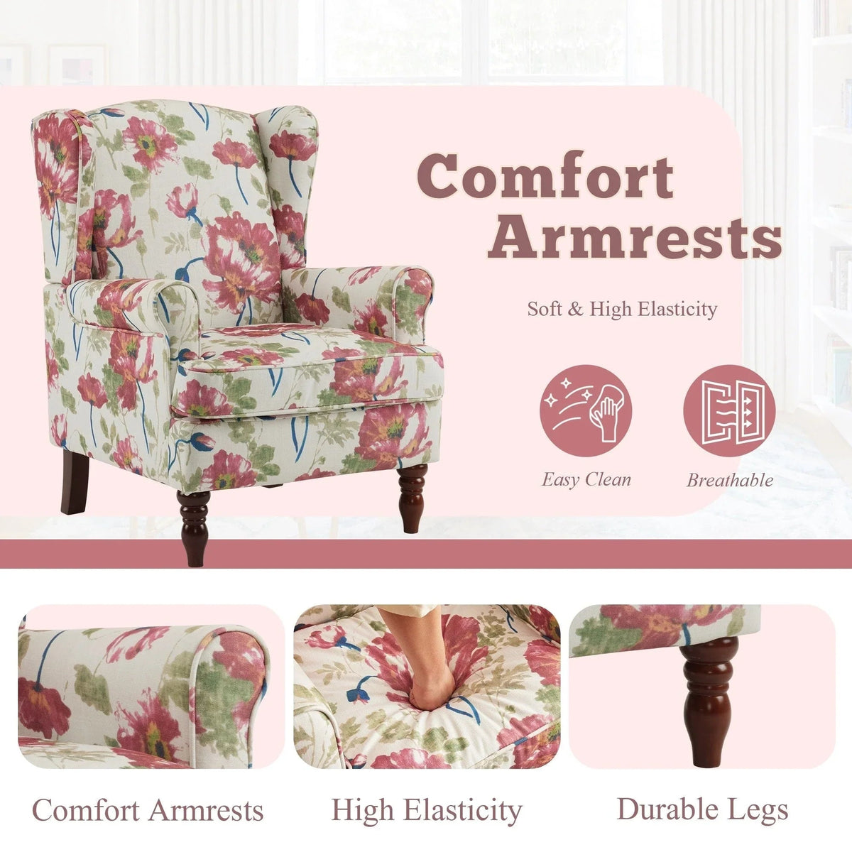 Erommy Modern Accent Chair, High Back Armchair, Upholstered Fabric Button Single Sofa with Wooden Legs for Living Room