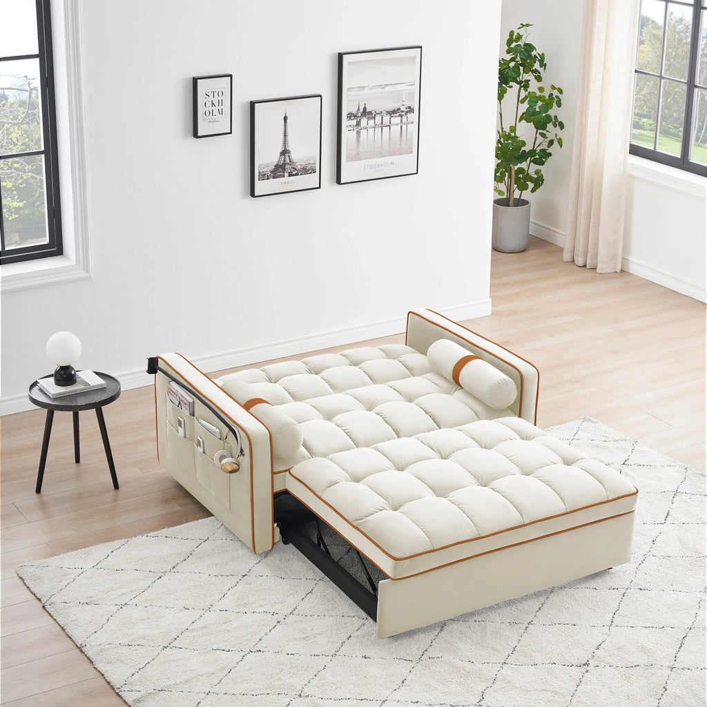 Velvet Convertible 55 2-Seater Sleeper Sofa with Pull-Out Bed, Adjustable Recline, Side Pockets, and Phone Holder