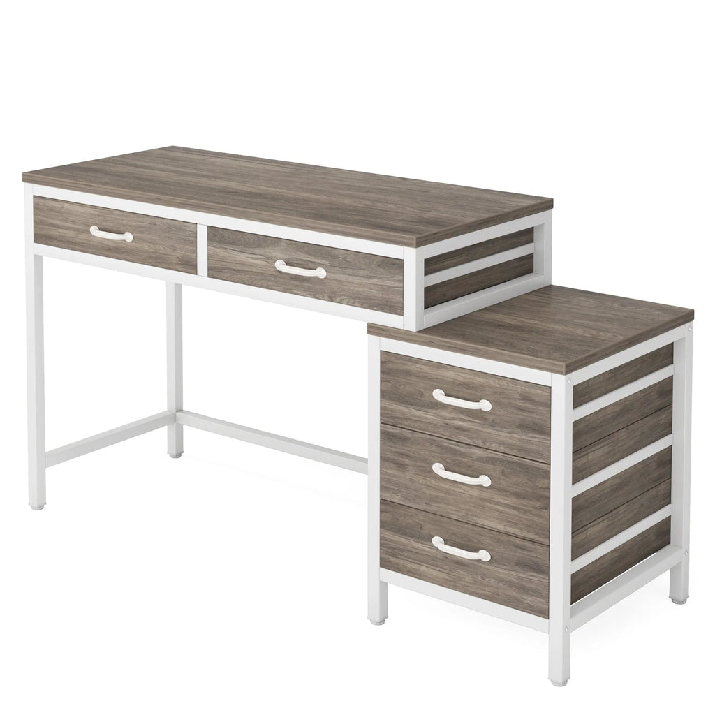 Reversible Computer Desk with 5 Drawers, Home Office Desk with File Cabinet Drawer Printer Stand