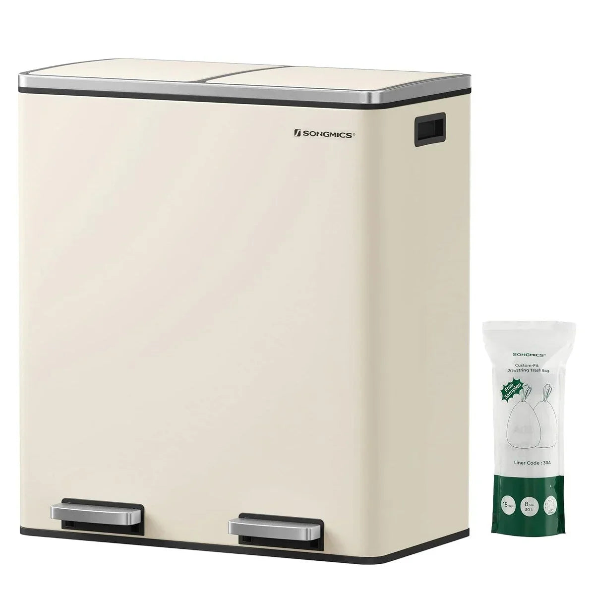 SONGMICS Dual Trash Can, 16 Gallon Stainless Steel Garbage Can, Almond