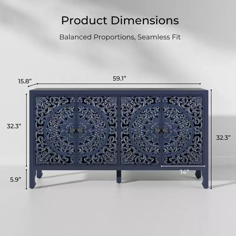 Buffet Cabinet with Storage, Distressed Storage Cabinet with 4 Carved Doors and Adjustable Shelf, Wooden Accent Sideboard Buffet Cabinets