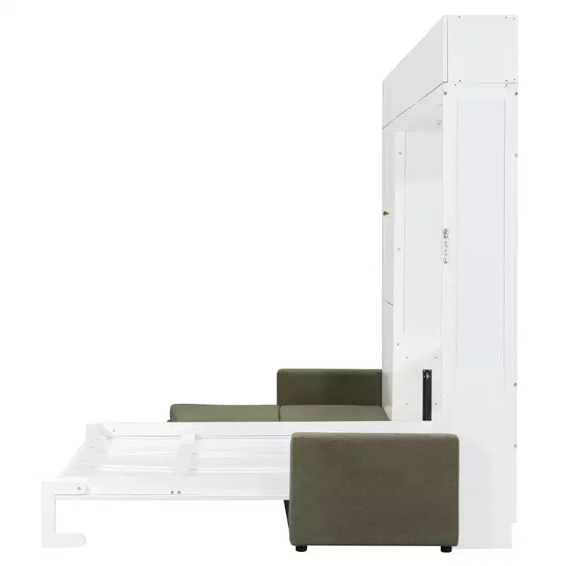 Queen Size Murphy Bed with Sofa and Cabinet, Wooden Queen Cabinet Bed Wall Bed with Shelves, Folding Wall Chest Bed for Guest Room Office