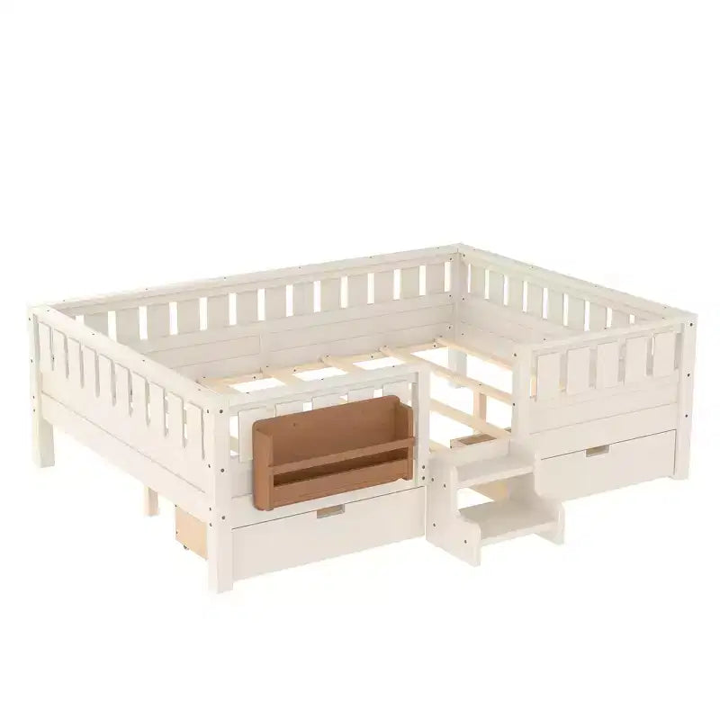 Bellemave Queen Size Toddler Bed with 14 Safety Guardrails, Space-saving Bed Frame with Built-in Bookshelves & 2 Under-Bed Storage Drawers
