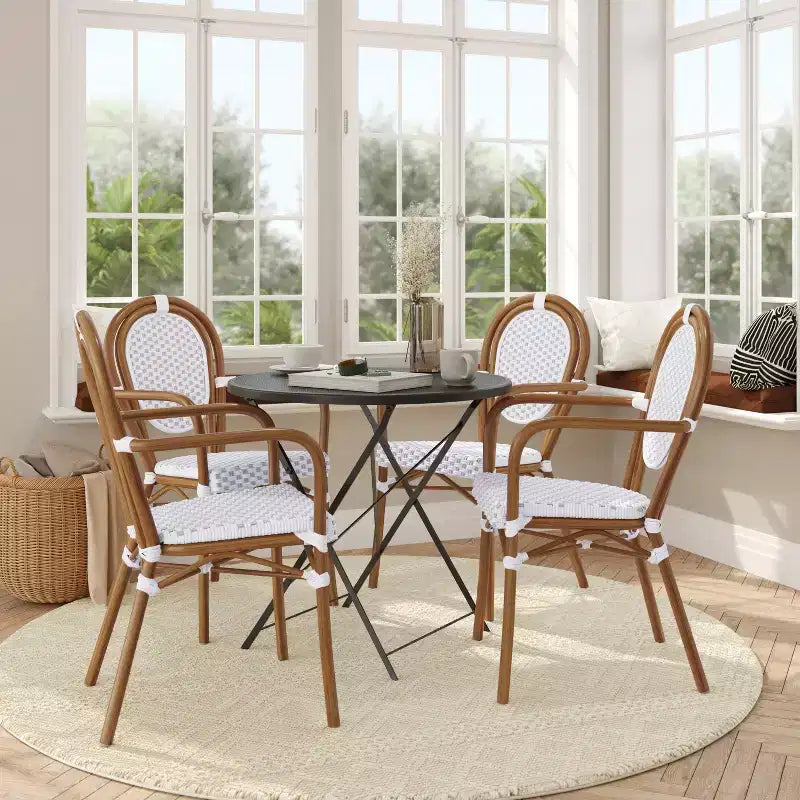 Flash Furniture 4 Pack Lourdes Indoor/Outdoor Commercial Thonet Bistro Stacking Chair with Arms, PE Rattan and Aluminum Frame