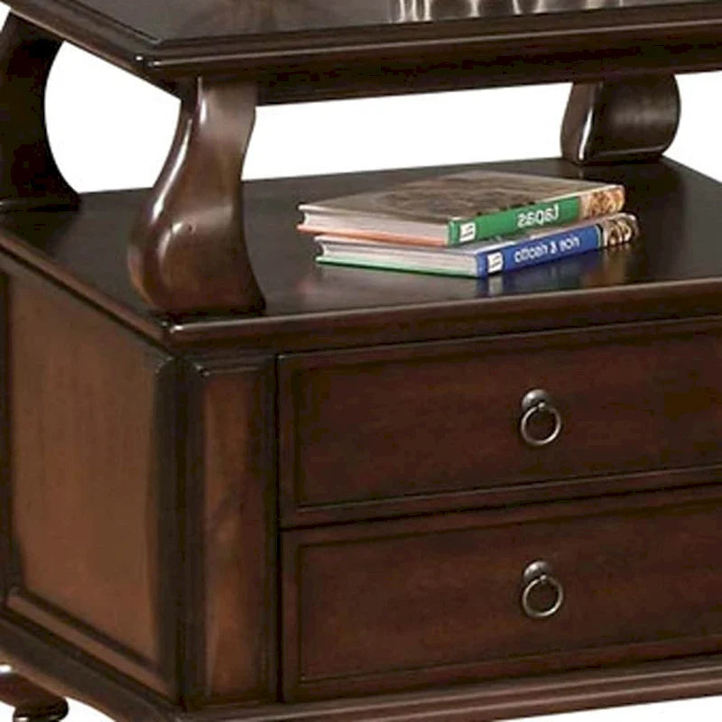 HomeRoots 26  Brown Solid Wood Square End Table With Two Drawers And Shelf - 26 X 26 X 28