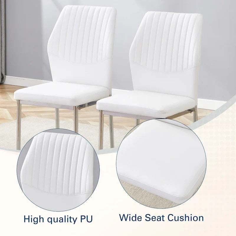 Luxury Simple Chair Set of 6 PU High Resilience Dining Chair with Metal Silver Leg Kitchen Armless Side Chair