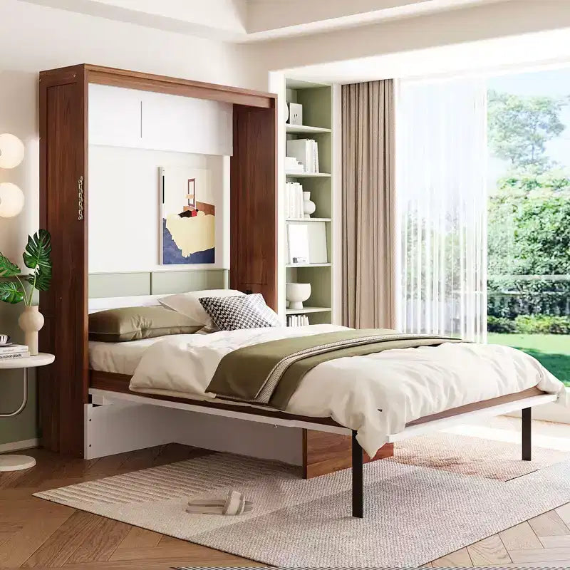 Full Size Murphy Bed, Wooden Full Cabinet Bed Wall Bed with Foldable Desk, Folding Wall Chest Bed for Guest Room Office