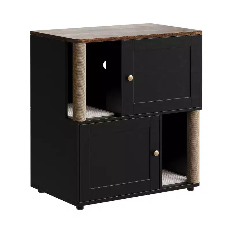 Litter Box Enclosure with Double Room, Hidden Enclosed Litterbox Furniture with Scratch Posts and Double-Layer Litter Mats Indoor Pet House