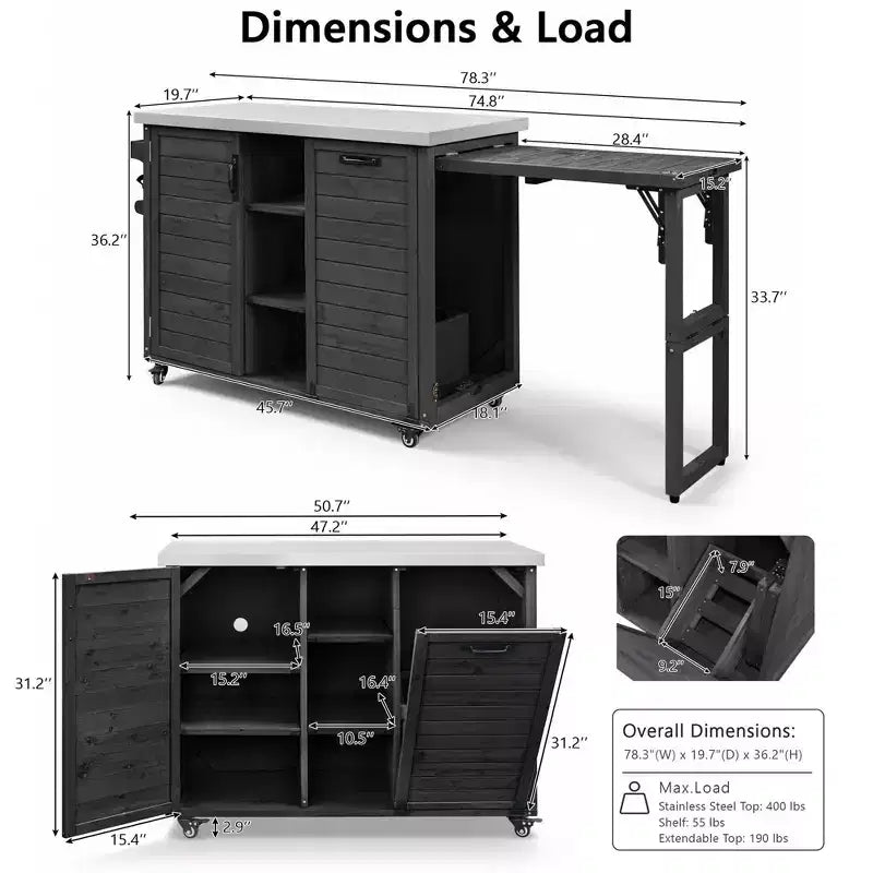 Outdoor Kitchen Island with Foldable Side Table,Outdoor Grill Cart with Stainless Steel Top,Hidden Trash Cabinet for Lawn & Garden