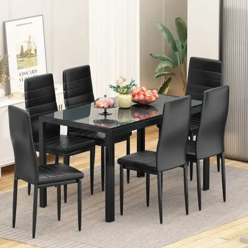 Grondin Modern Style 7-Piece Dining Room Table Set with Tempered Glass Tabletop and 6 PU Leather Upholstered Chairs
