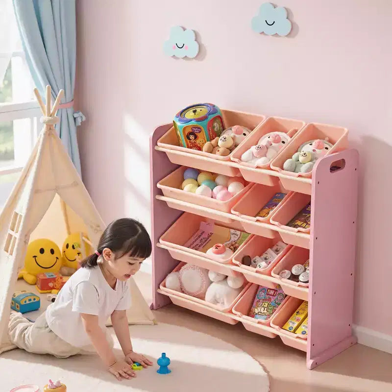 VECELO Kids Bookshelf Toy Storage with 12 Bins, Wooden Toy Rack for Toddlers, Large-Capacity Playroom Storage for Books or Toys