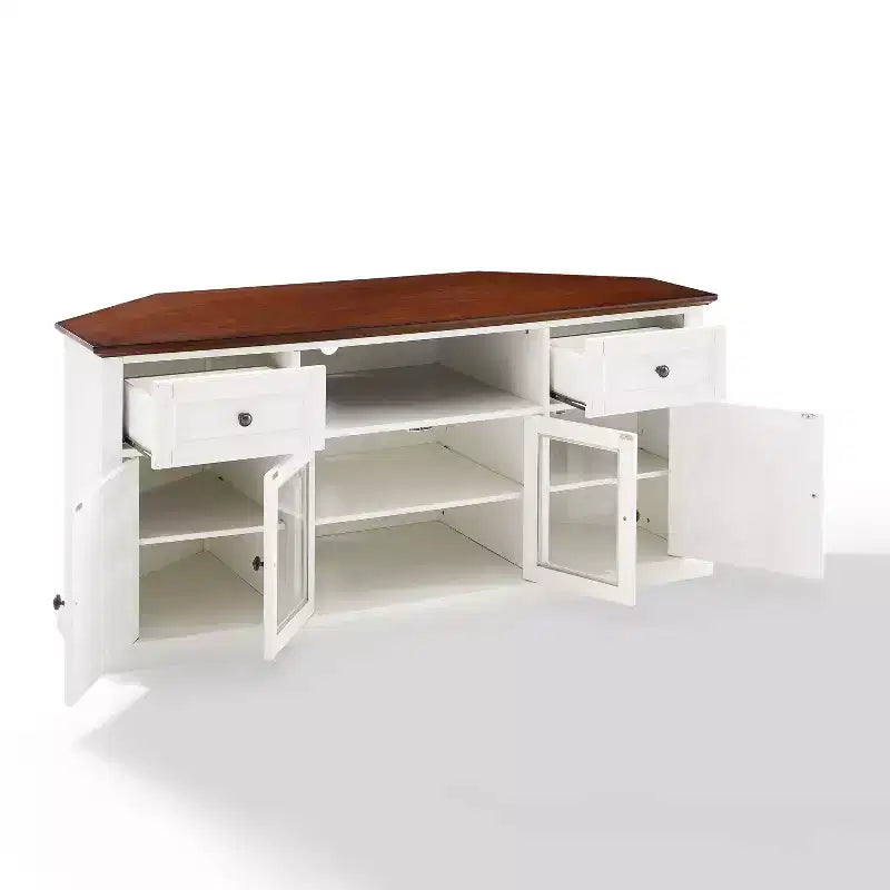 White Corner TV Stand for TVs up to 65, Beveled Glass Doors, 1-Person Assembly