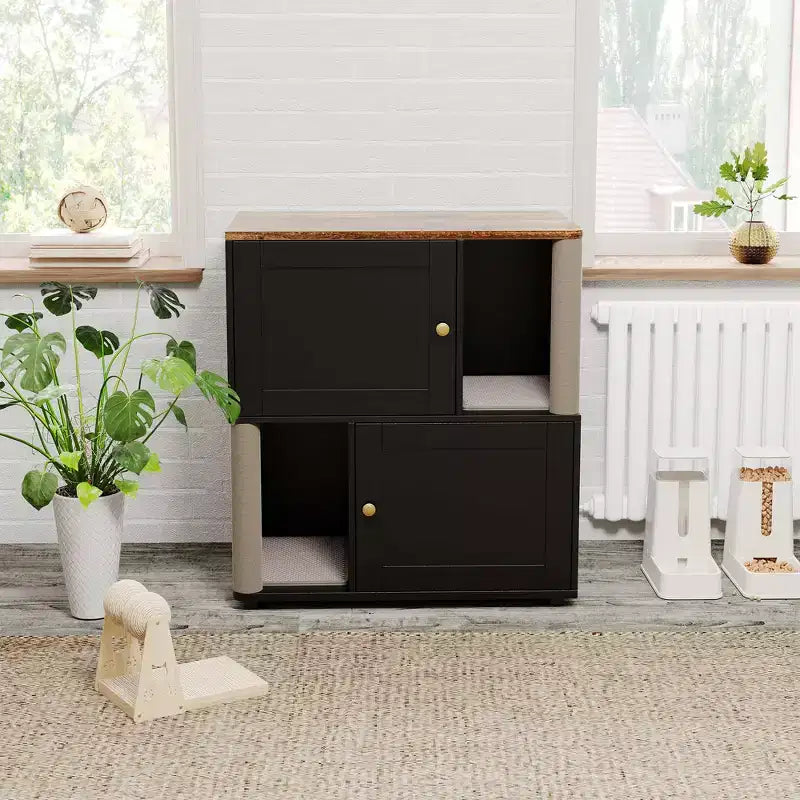 Litter Box Enclosure with Double Room, Hidden Enclosed Litterbox Furniture with Scratch Posts and Double-Layer Litter Mats Indoor Pet House