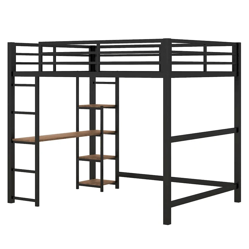 Full Size Metal Loft Bed with Built-in Desk and Storage Shelves