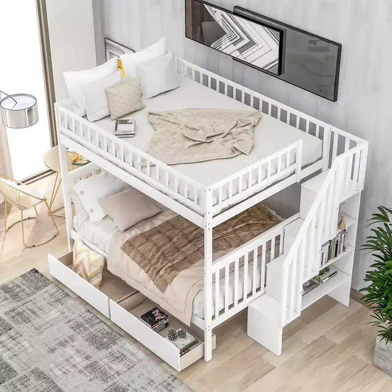 Full over Full Bunk Bed with Two Storage Drawers and Storage Shelves for Kids Teens Adults Bedroom