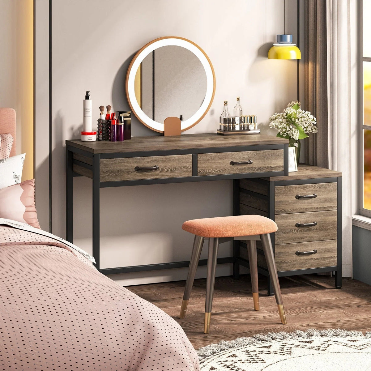 Reversible Computer Desk with 5 Drawers, Home Office Desk with File Cabinet Drawer Printer Stand