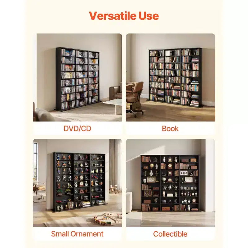 VEVOR Media Storage Cabinet, 8-Tier DVD Shelf Organizer, 55.91 x 8.66 x 51.18 in Multimedia Storage Organizer for CDs, DVDs, Books & Games, Black