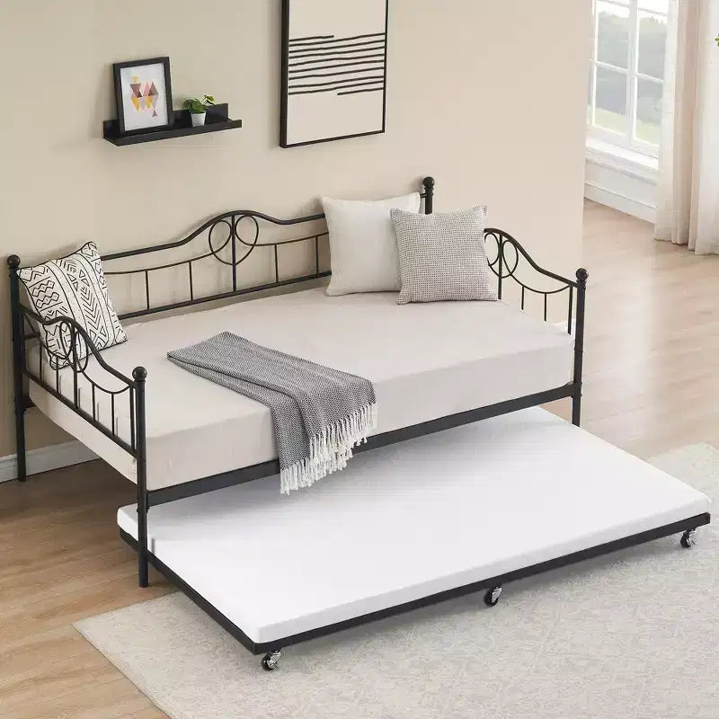 Twin Day Bed with Trundle Bed Twin, Metal Daybed with Trundle, Daybed with Trundle Bed Frame, Steel Slat Support Sofa Bed for Kids Teens Adults