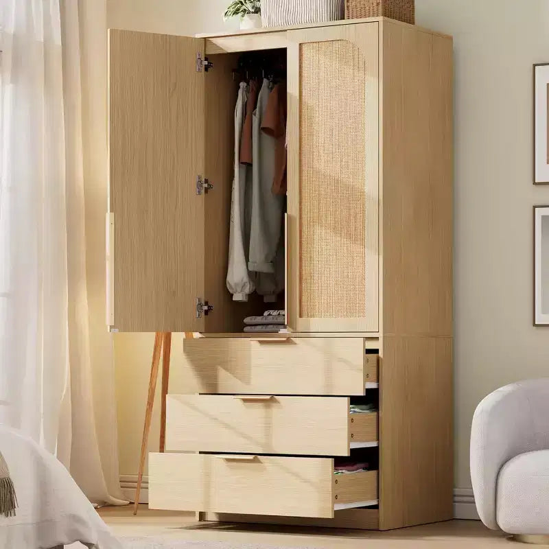 2-Door Wardrobe Cabinet with 3 Drawers & Hanging Rod