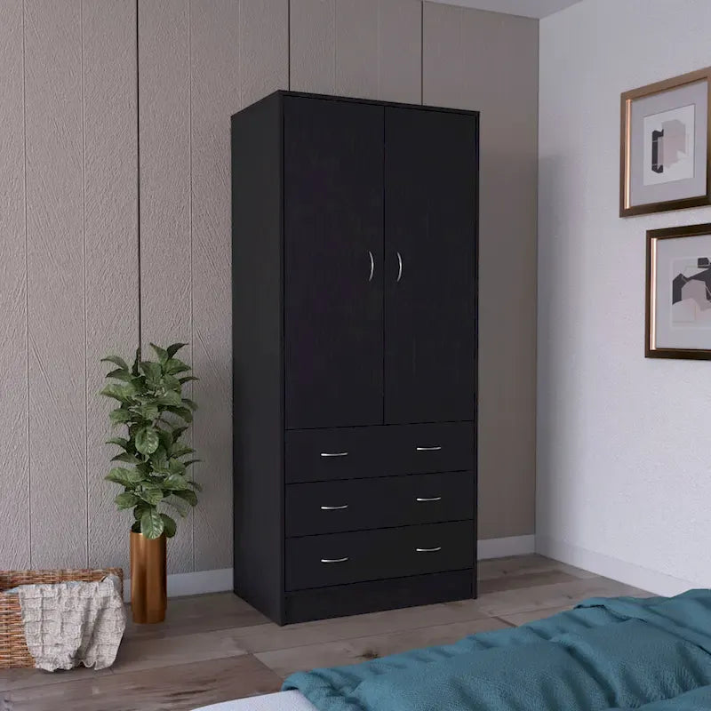 19 Modern Double-door Armoire with 3 Drawers and 1 Hanging Rod for Bedroom