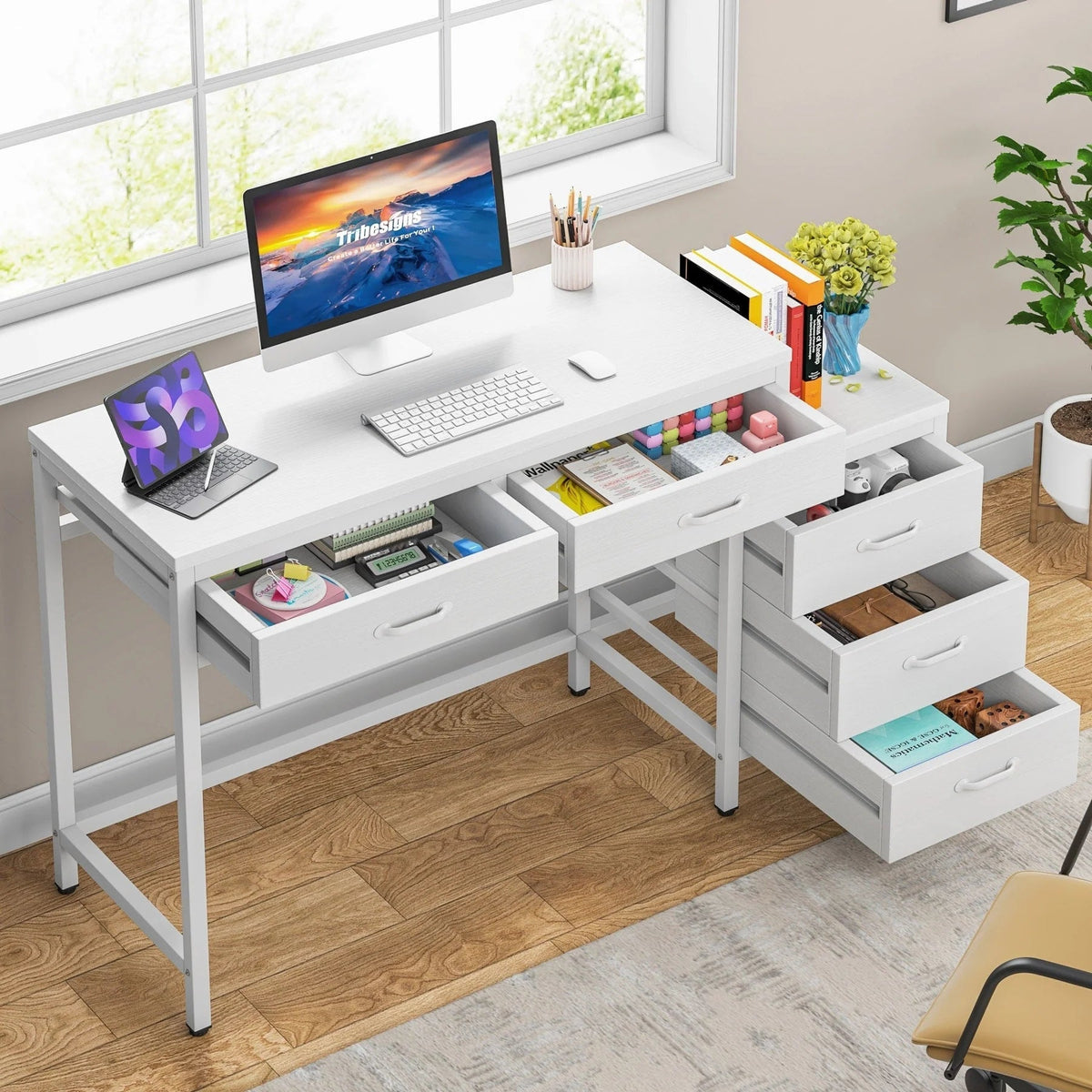 Reversible Computer Desk with 5 Drawers, Home Office Desk with File Cabinet Drawer Printer Stand