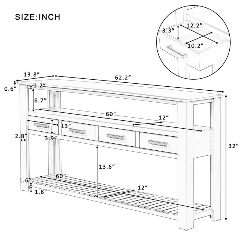 Long Entryway Console Sofa Table with Drawers, Farmhouse Wood Sofa Tables Console Table with 4 Drawers and 2 Shelves