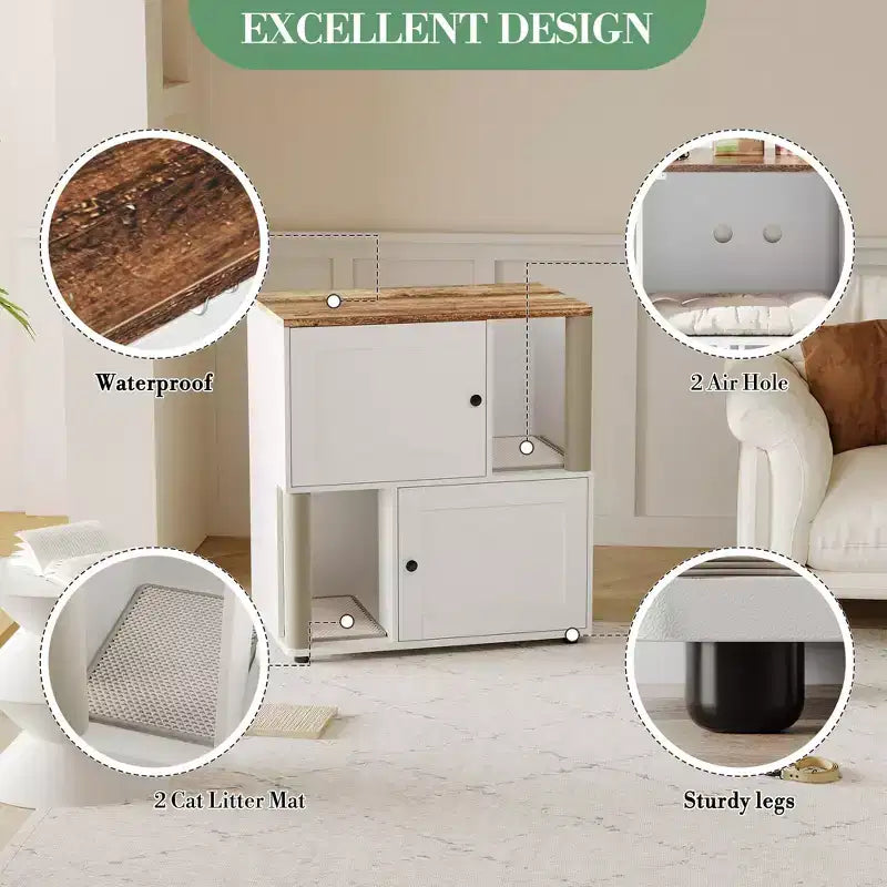Litter Box Enclosure with Double Room, Hidden Enclosed Litterbox Furniture with Scratch Posts and Double-Layer Litter Mats Indoor Pet House