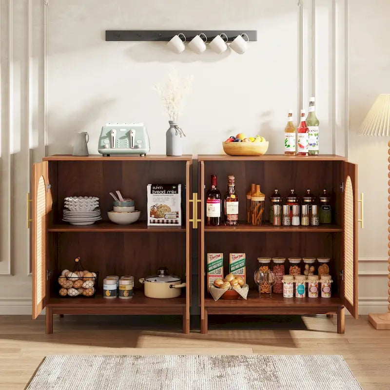 Set of 2 Rattan Sideboard, 59 Inch Buffet Cabinet with Doors, Accent Cabinet