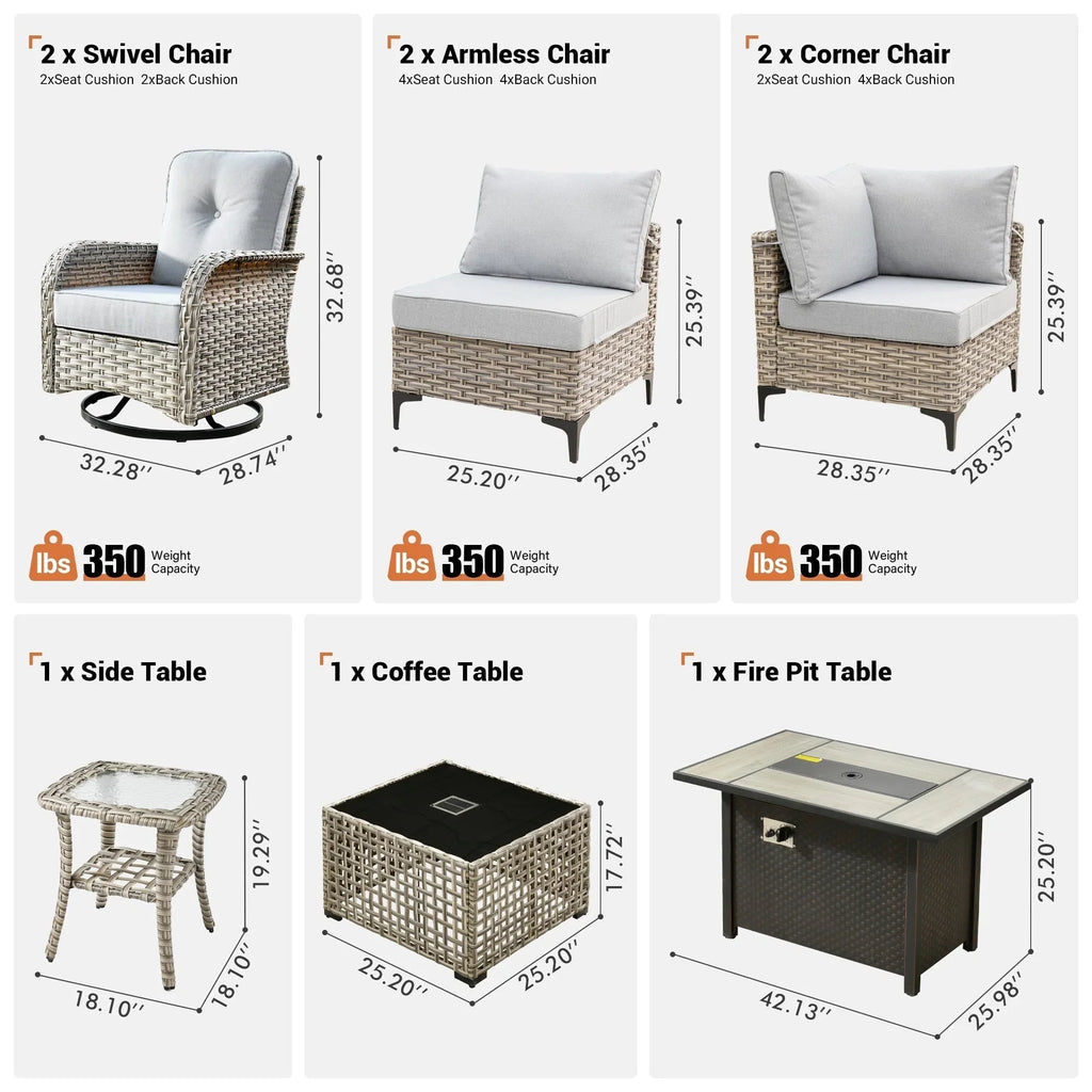OVIOS 9 Pieces Outdoor Wicker Swivel Chair Set With Fire Table