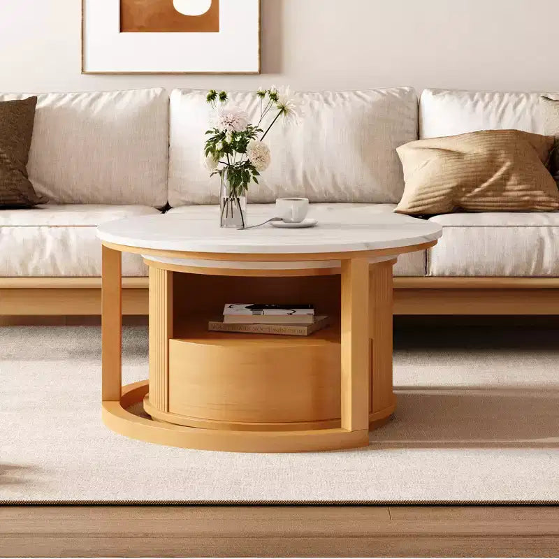 Modern Nesting Coffee Table with Drawer, Round Center Table with storage for Living Room