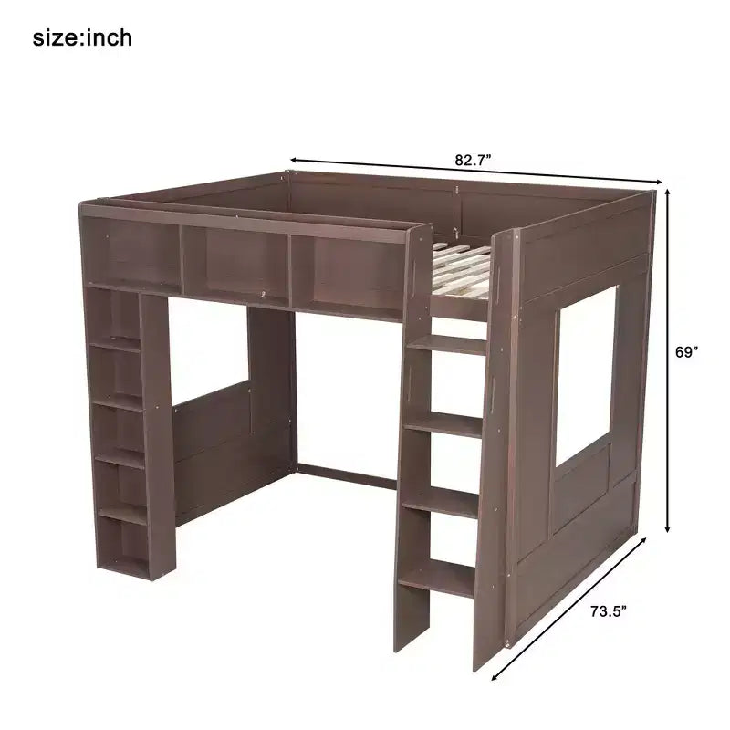 Whisen Queen Size Wooden Loft Bed Frame with Storage Cabinets and Shelves