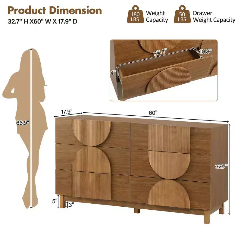 6-Drawer Modern Geometric Dresser, Half-Circle Accent Wide Storage Chest for Bedroom & Living Room